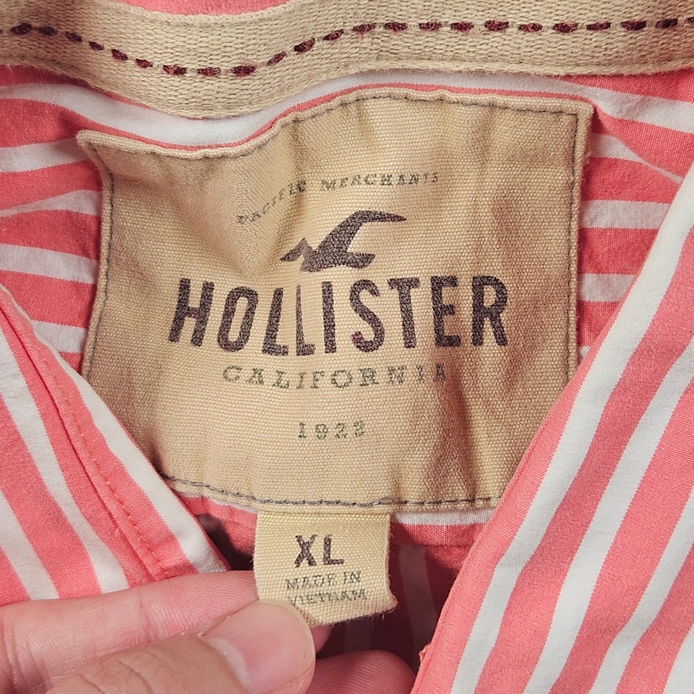Hollister Button Up Shirt Mens XL Pink White Striped Pocket‎ Preppy Beach Y2K - Picture 3 of 8